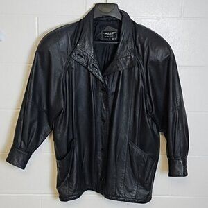 Pelle NY Milano Genuine Black Leather Vintage Jacket Button Up Medium
